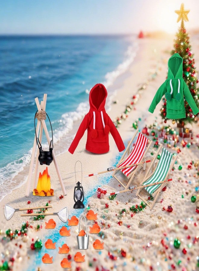 Cozypower 19 Pcs Christmas Elf Fishing Accessories Set Include Clothes Miniature Fishing Accessories Fish Net Mini Lamp Hanging Ring Pot Triangular Simulated Bonfire for Xmas House - Image 5
